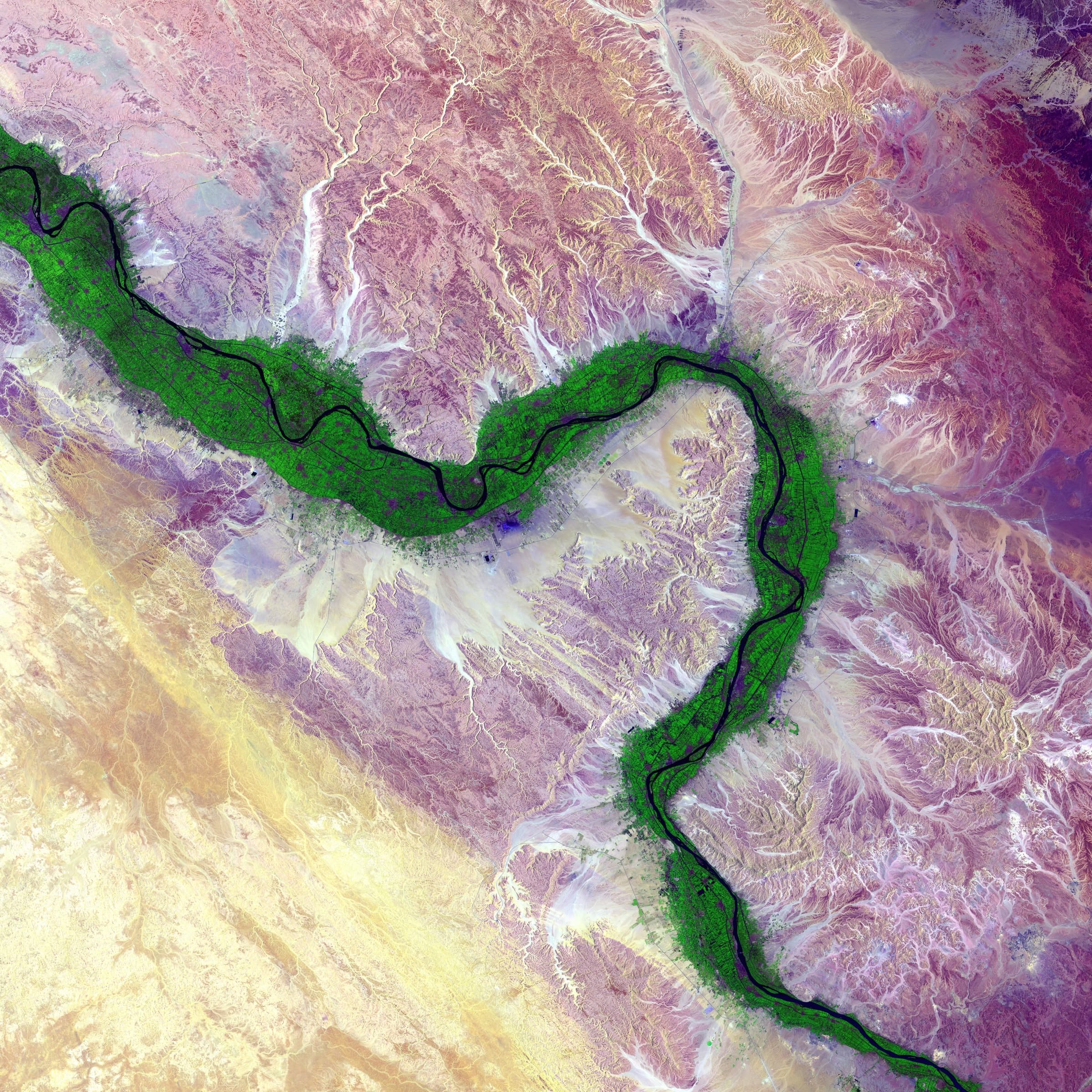 Satellite view of the Nile River cutting through the desert, life flowing through arid landscape
